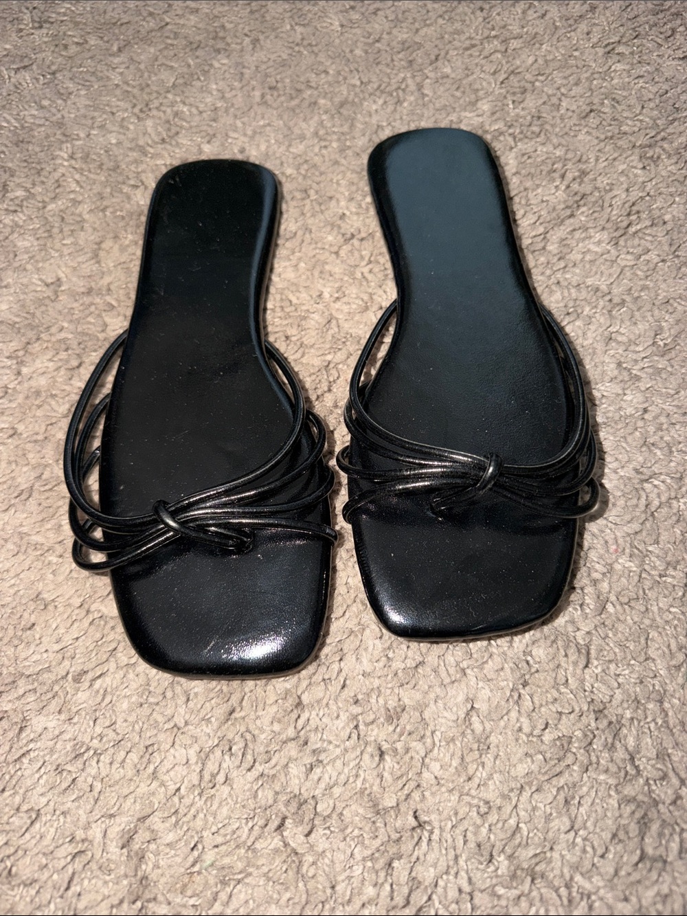 Black Strappy Square-Toe Slide Sandals - Women